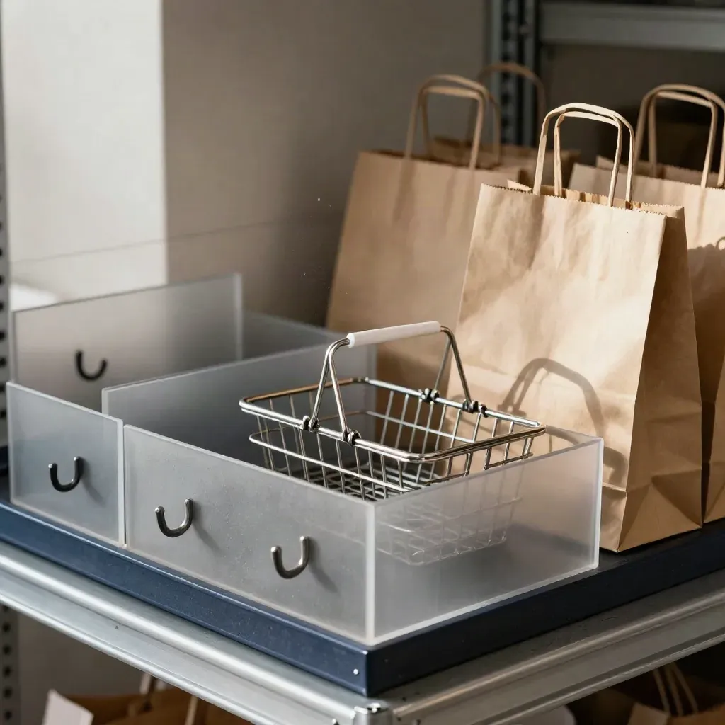 Retail merchandising tools arranged on brushed metal with soft daylight and navy accents.