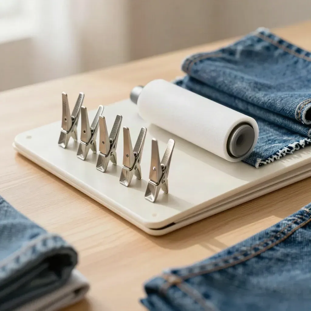 Apparel stockroom tools on matte wood: folding board, clips, lint roller, and folded denim swatch.