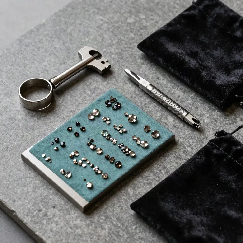 Top-down jeweller's bench kit with ring mandrel, gem tray, cutters and velvet pouch on brushed stone.