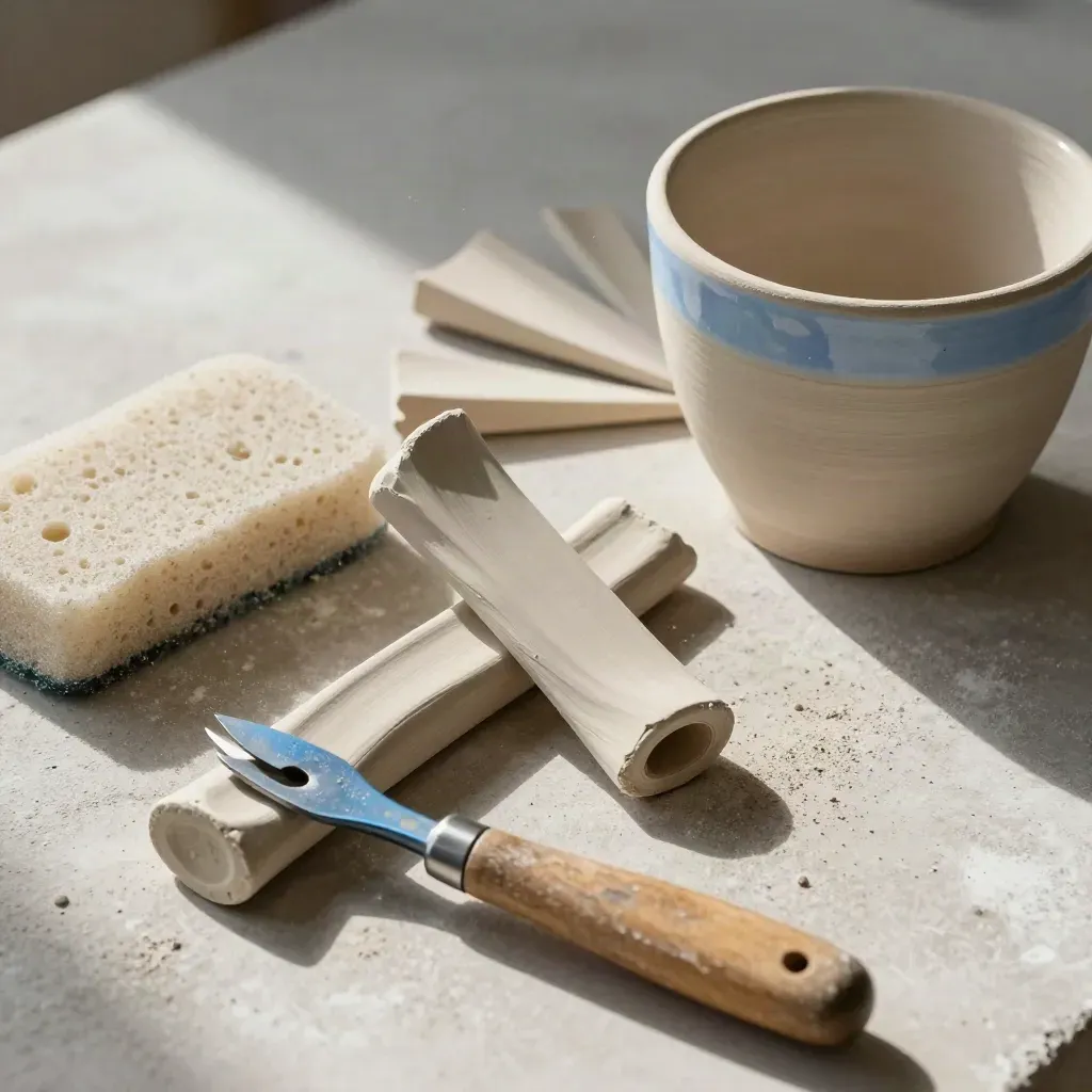 Ceramics trimming tools fanned on pale concrete beside a stoneware cup, lit with raking daylight