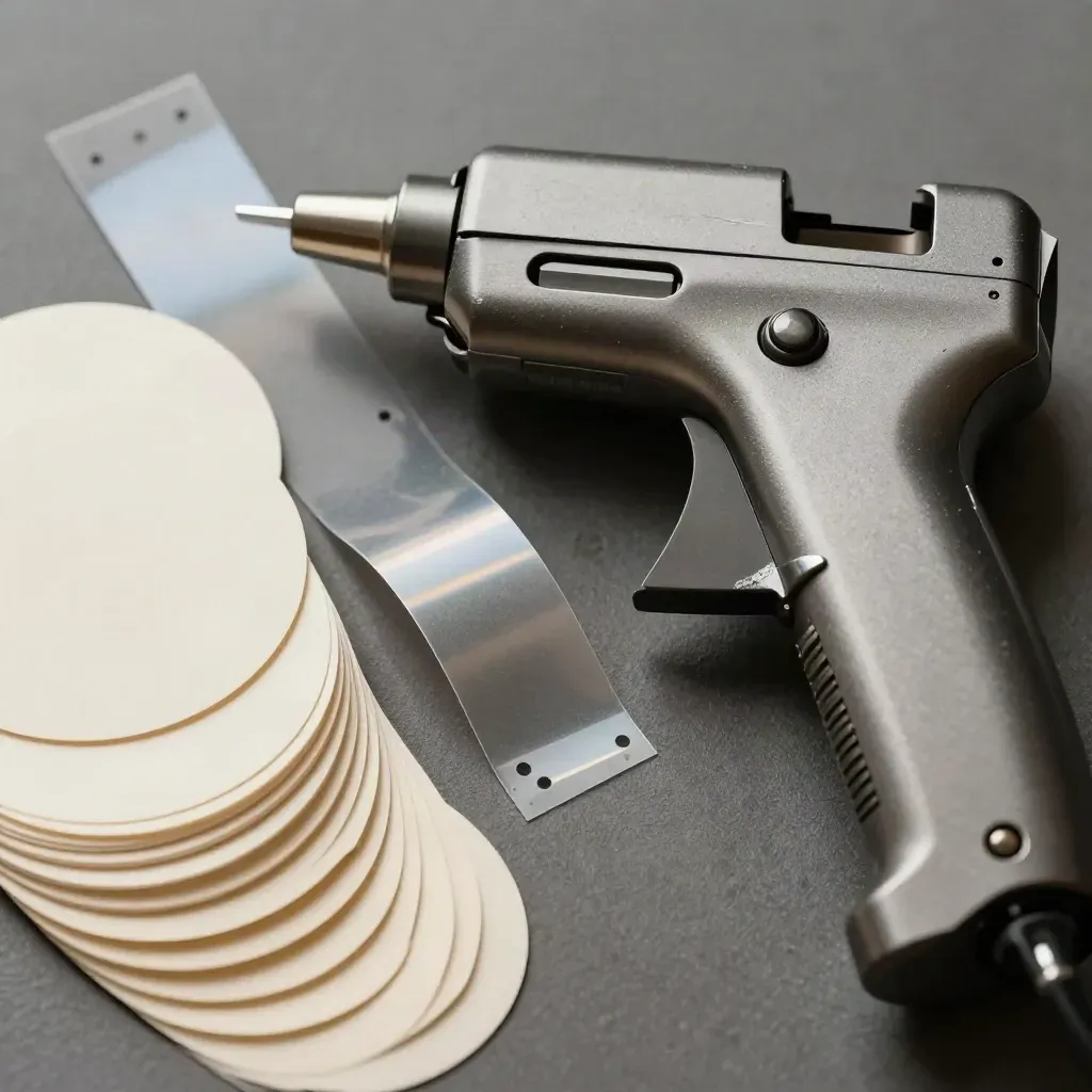 Overhead macro of a tag gun, adhesive circles, and curling label liners on matte stone.