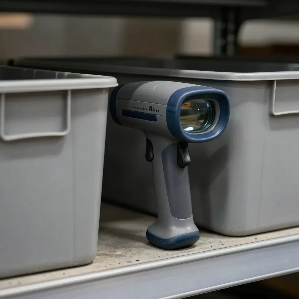 Barcode scanner resting by a bin clip and stacked totes on a warehouse shelf.