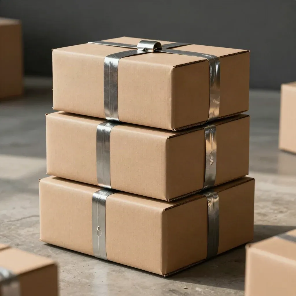 Three parcel boxes bound by shipping bands and a steel ring on a khaki concrete floor.