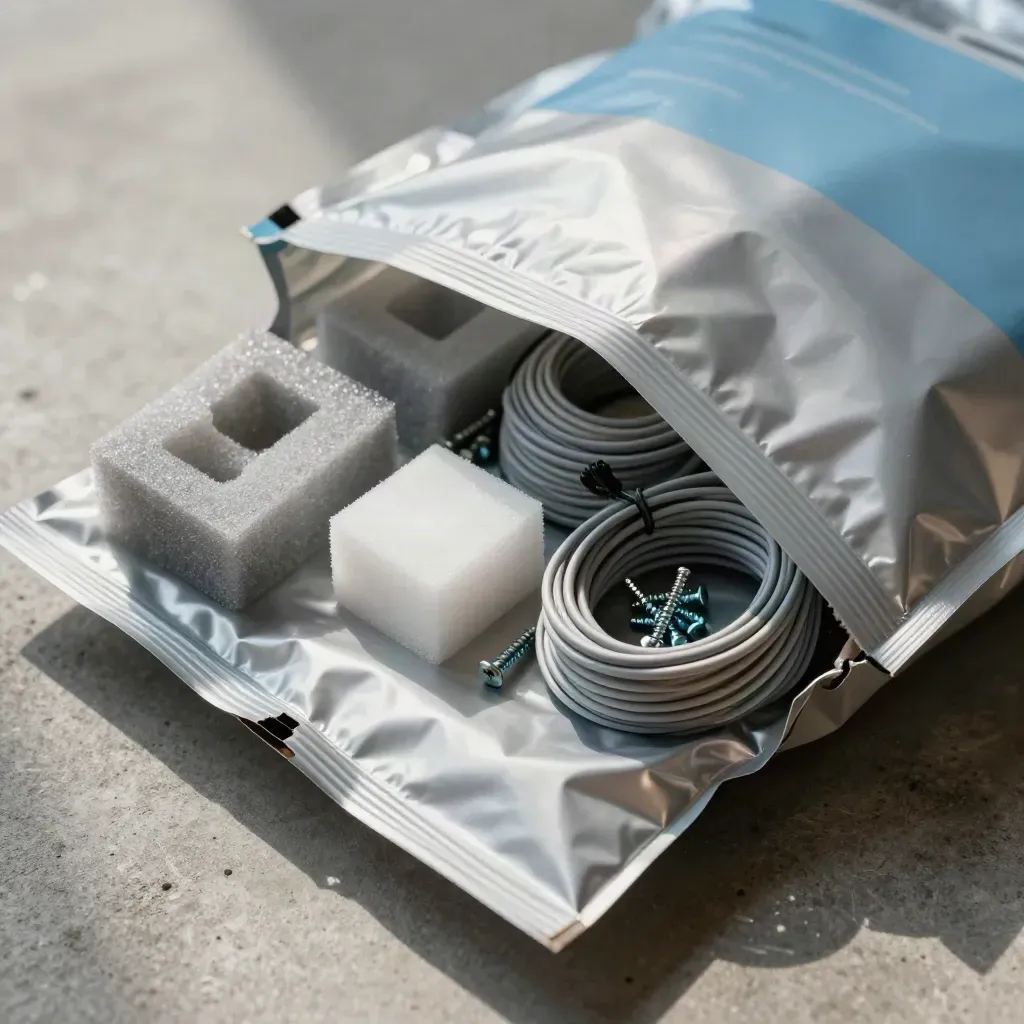 Top-down macro of anti-static bags, foam inserts, cable coils, and screws on concrete.