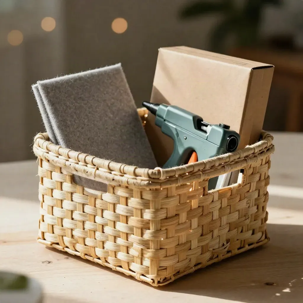 Woven bin, felt dividers, kraft box, and teal tape gun on pale wood