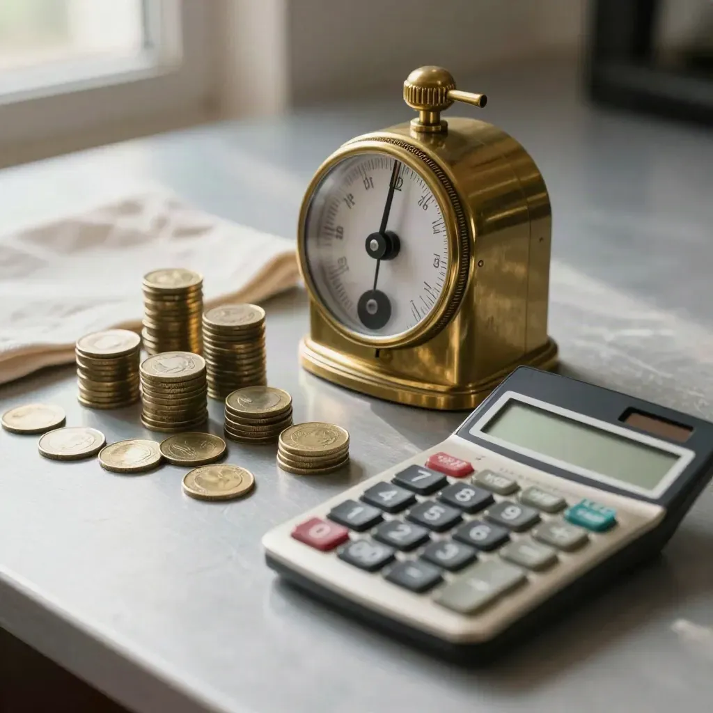 Brass tally counter, coin columns, and a facedown calculator on brushed metal.
