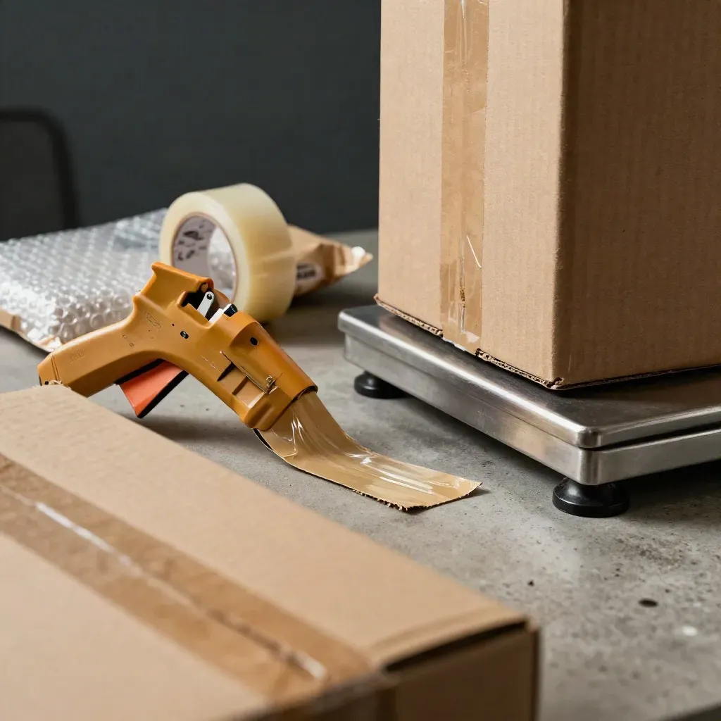 Macro of packing tools, mailers, a scale platform, and a carton corner on a concrete bench.