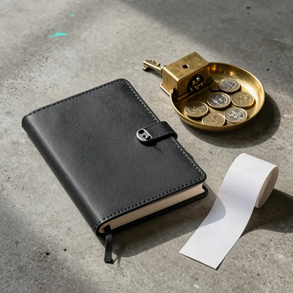 Closed ledger, brass paperweight, coin tray and receipt roll on concrete in dramatic overhead light