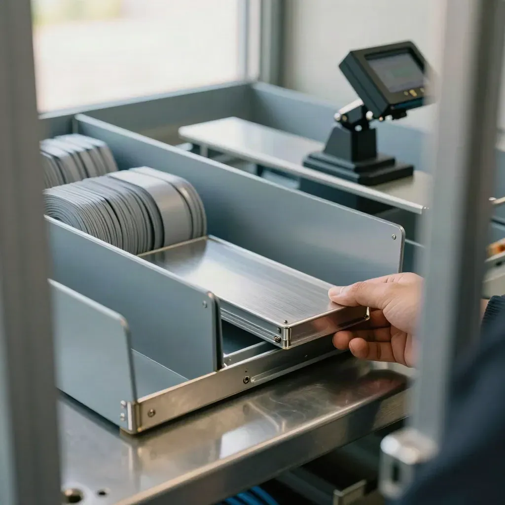 Brushed steel routing trays and dispatch bins in a cool industrial handoff scene.