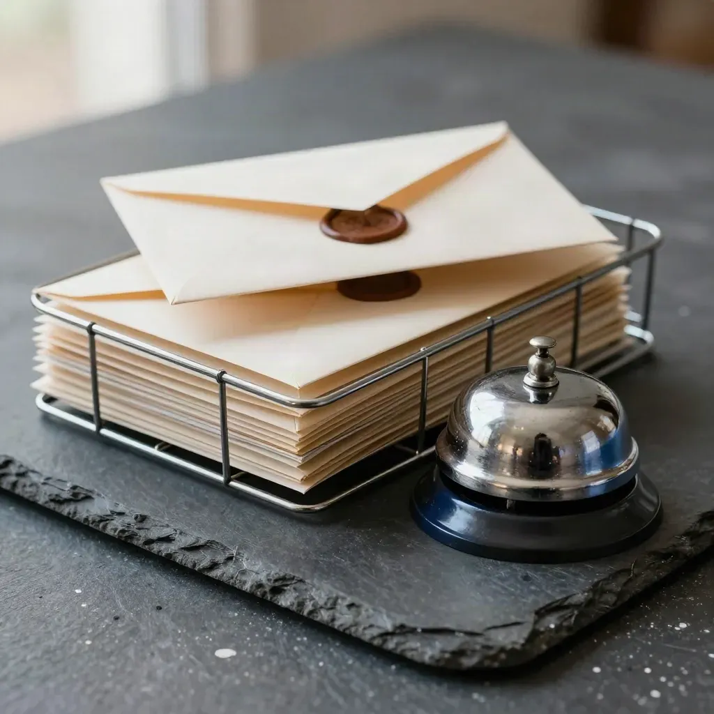 Wire inbox trays, face-down envelopes and a bell on dark stone.