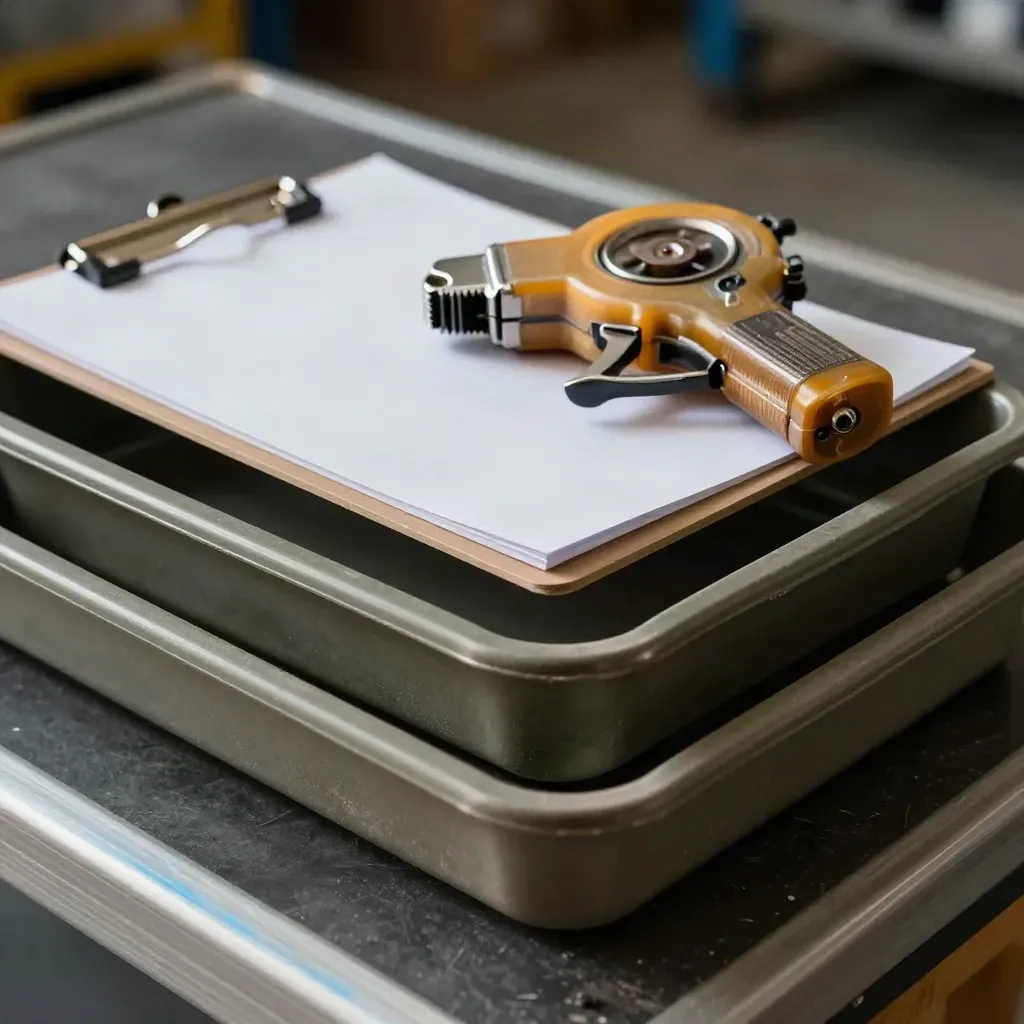 Tote trays, clipboard, and tape gun on a charcoal work surface in dim warehouse light