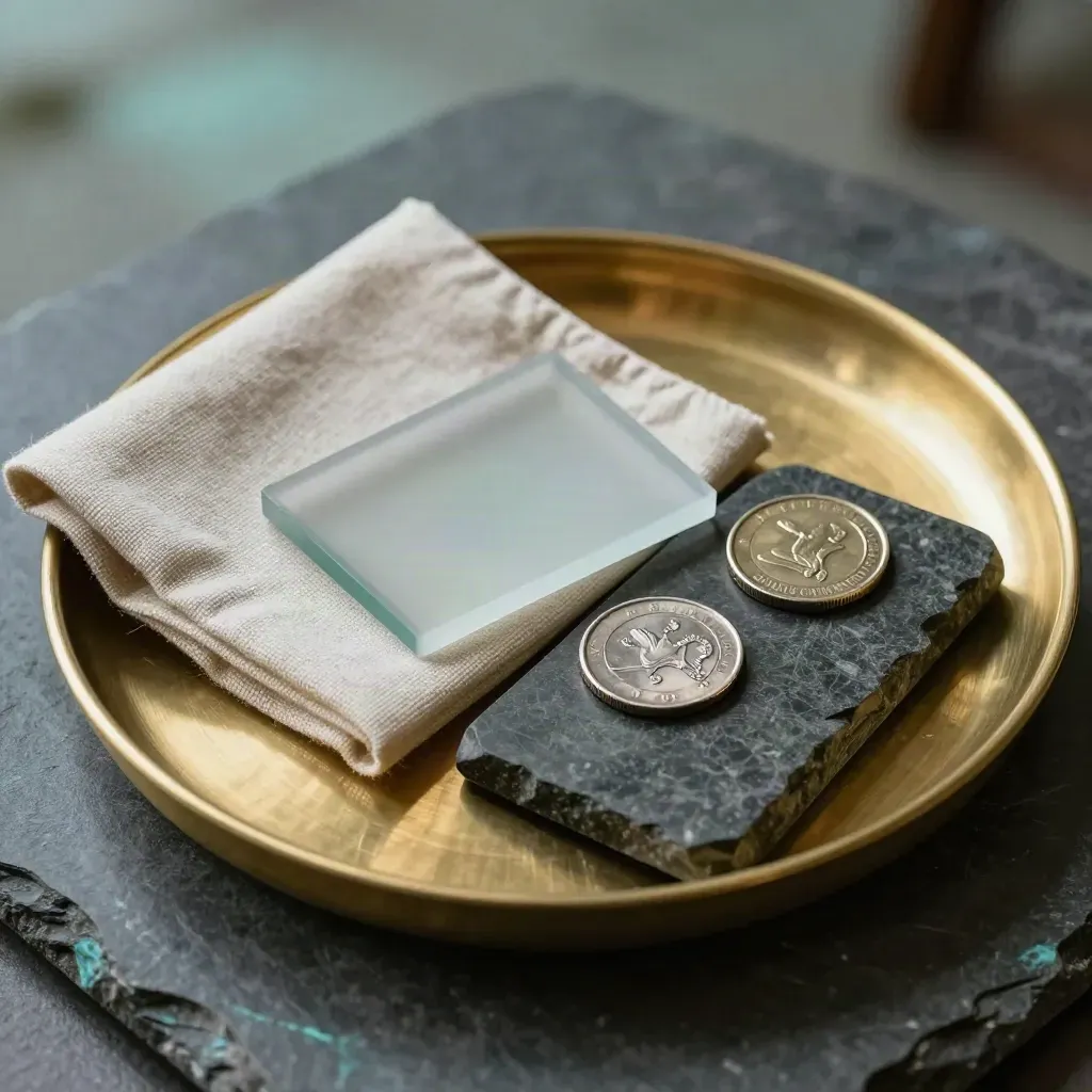 Brass coin tray, closed notebook, and three product samples on dark stone, one heavier set apart