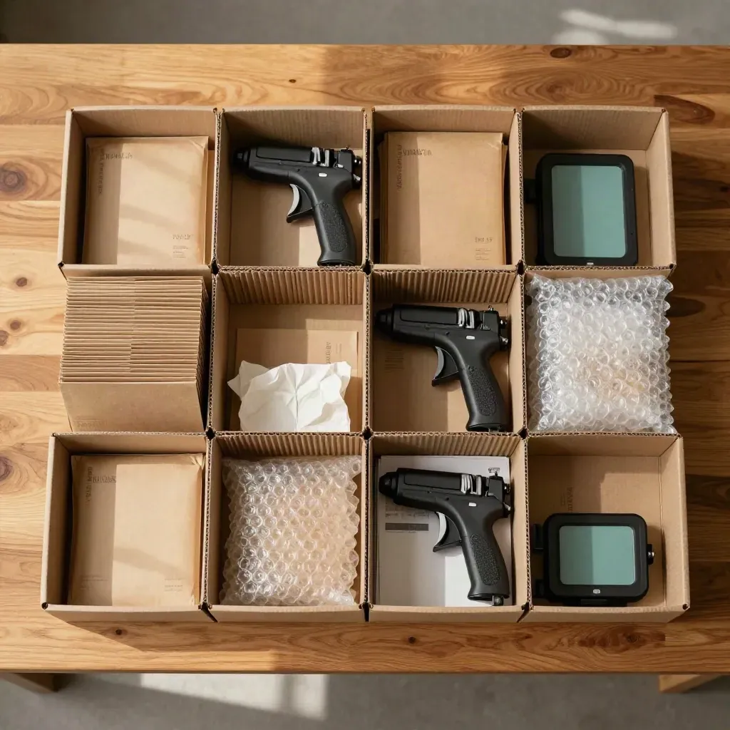 Top-down packing bins, tape guns, scanner cradle, and mailers on a warm oak workbench.