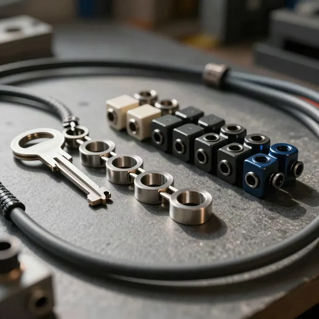 Linked metal rings, connector blocks, and cable ferrules on graphite stone in dramatic workshop light.