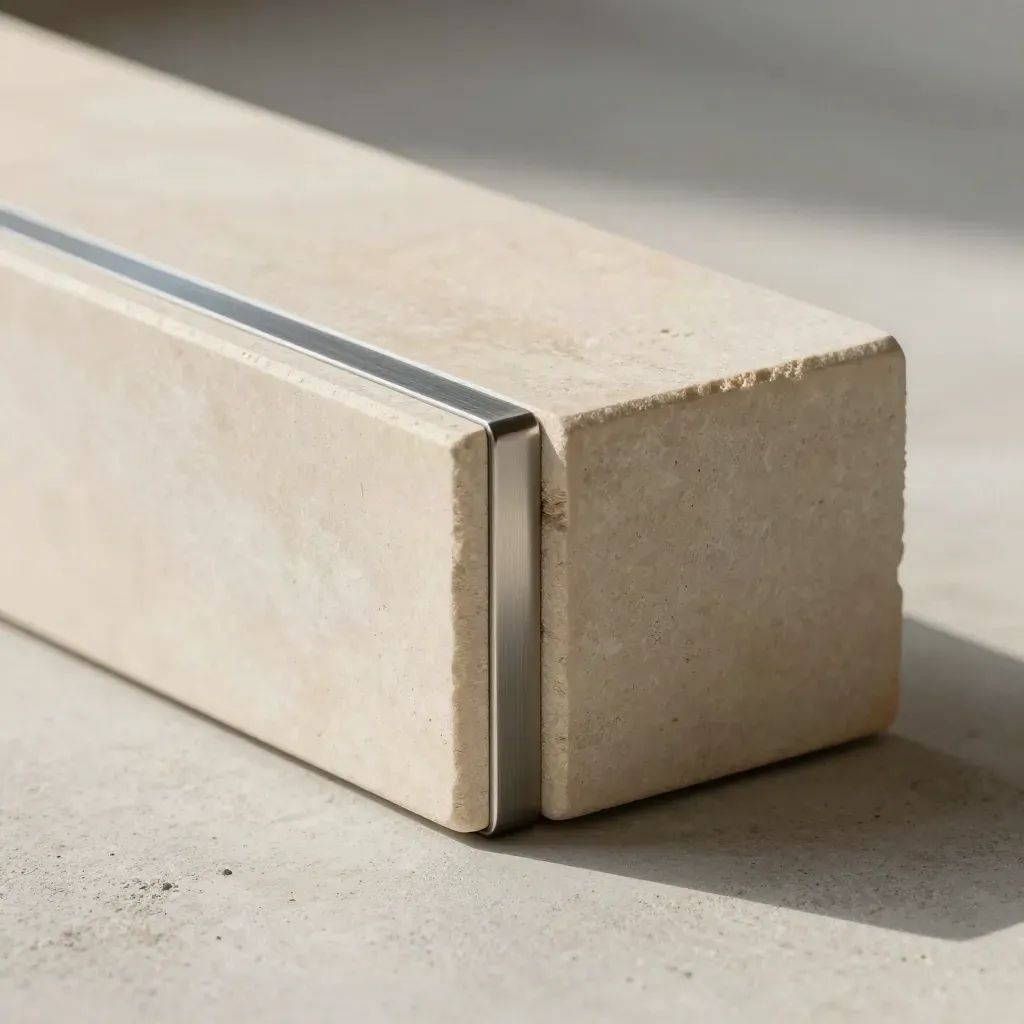 Stone blocks, steel spacer, and magnetic joiner aligned on pale concrete in a tight top-down macro.