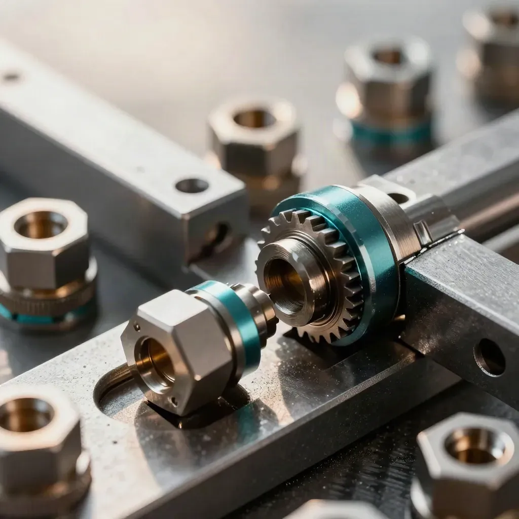 Macro of metal connectors and a gear coupling on brushed steel with teal accents
