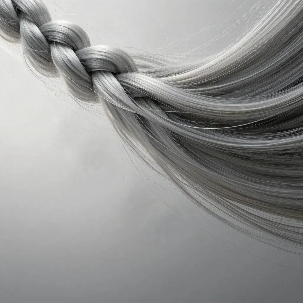 Silver filaments converge into a soft white bloom in dark graphite haze, leaving calm copy space.